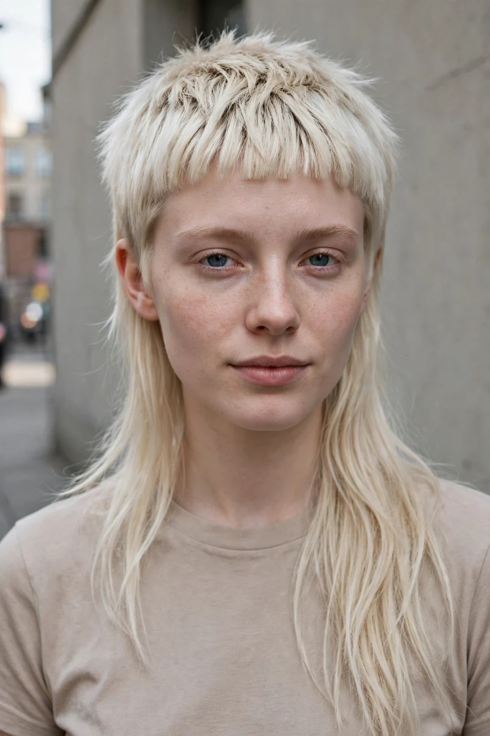 Mid-length mullet with short micro bangs above the brows