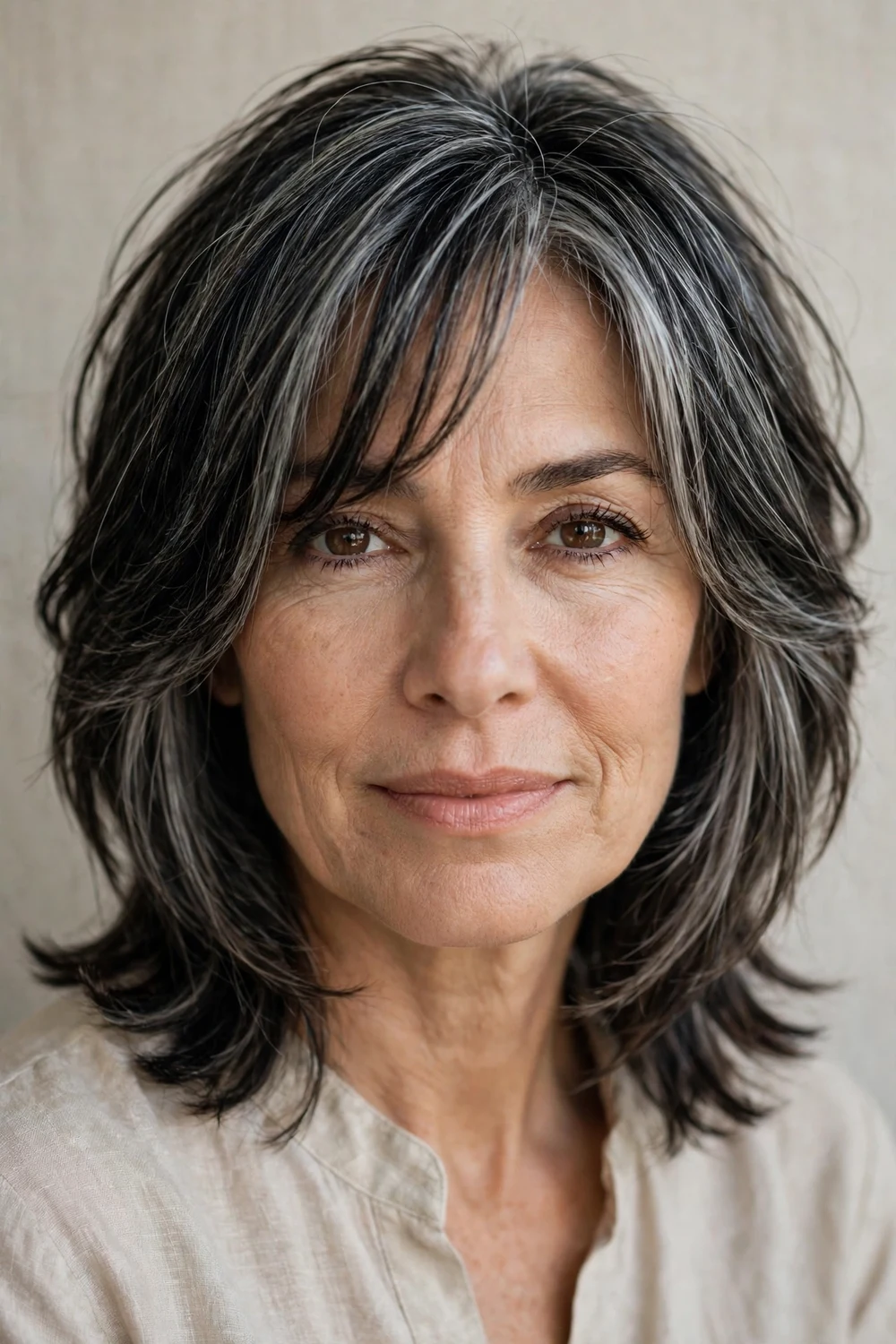 Piece-y mid-length layers with elongated bangs reaching the cheekbones