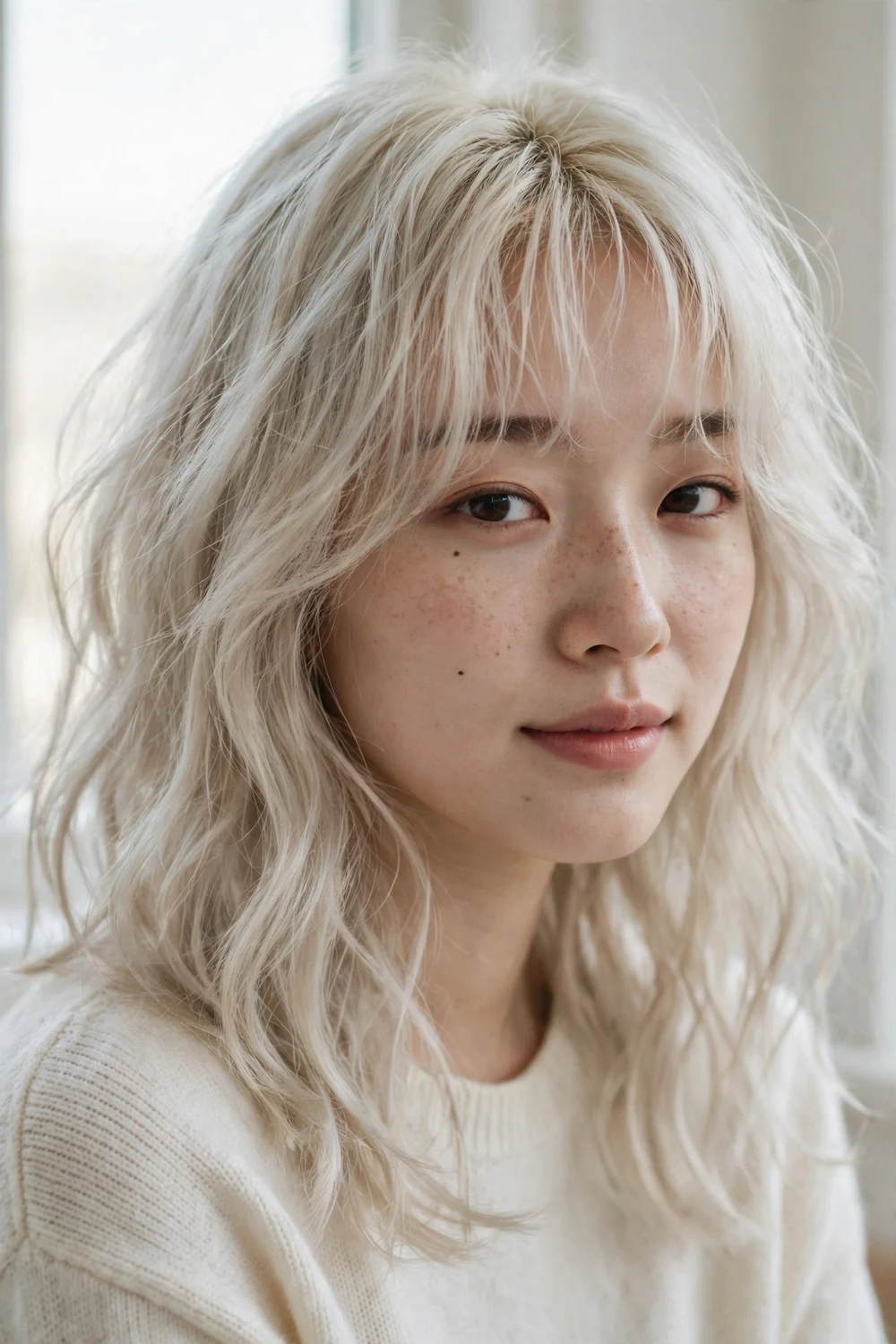 Wavy mid-length hair with sheer see-through bangs showing the forehead