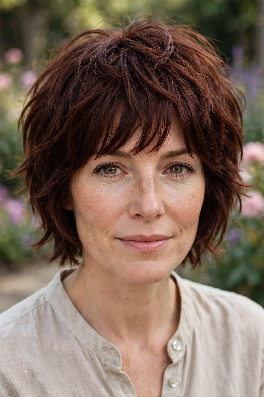 Short shag haircut at chin length with soft feathered bangs