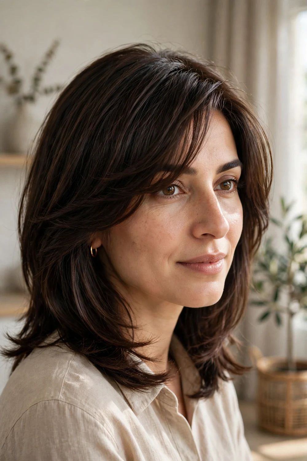 Side-parted layered mid-length hair with curtain bangs