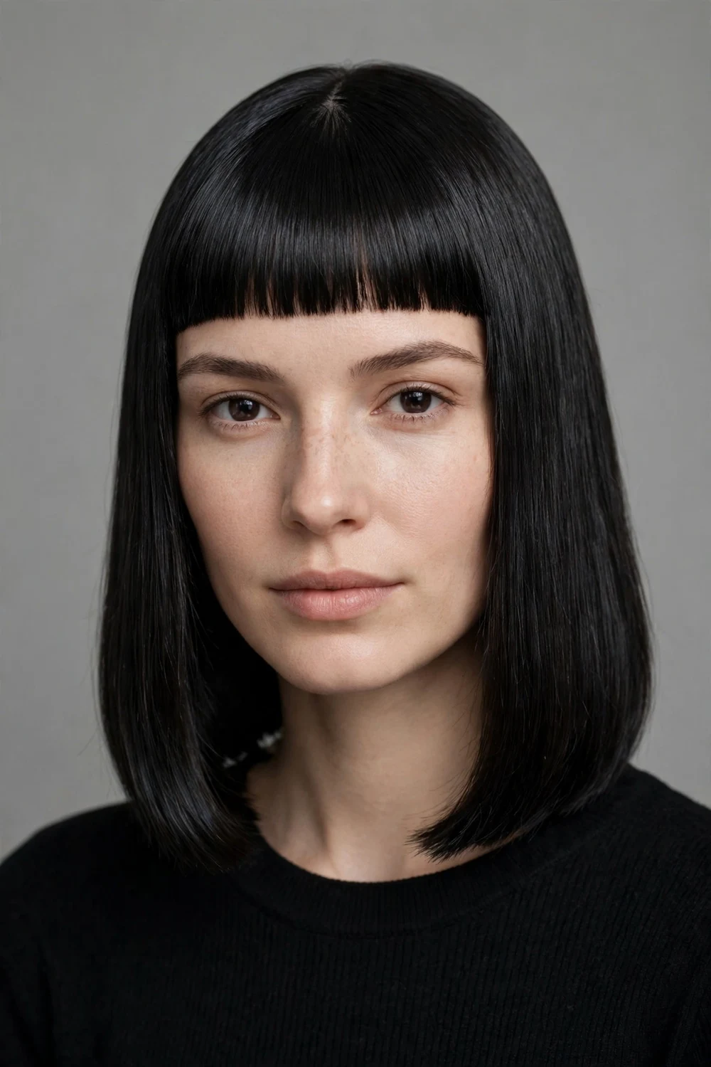 Sleek straight lob with blunt micro bangs cut above the eyebrows