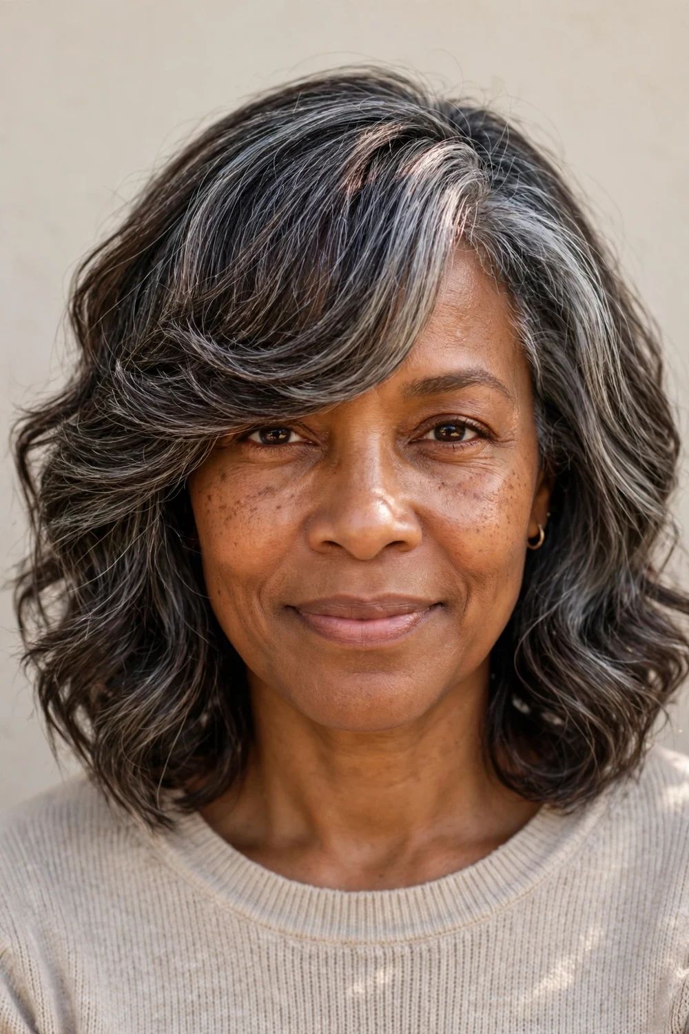 Wavy mid-length cut with thick side-swept bangs