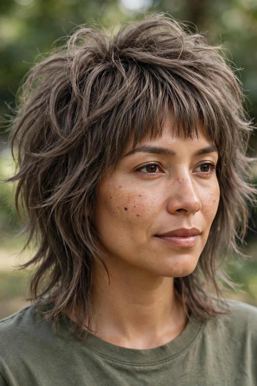 Mid-length wolf cut with short micro bangs