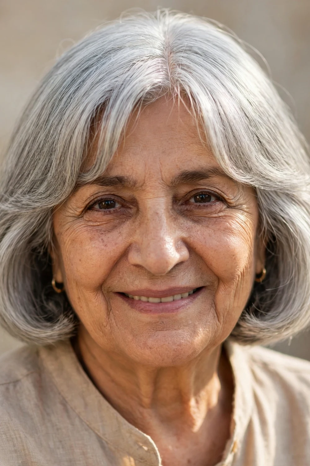 Middle Eastern woman in her mid 70s with a chin bob and soft curtain bangs