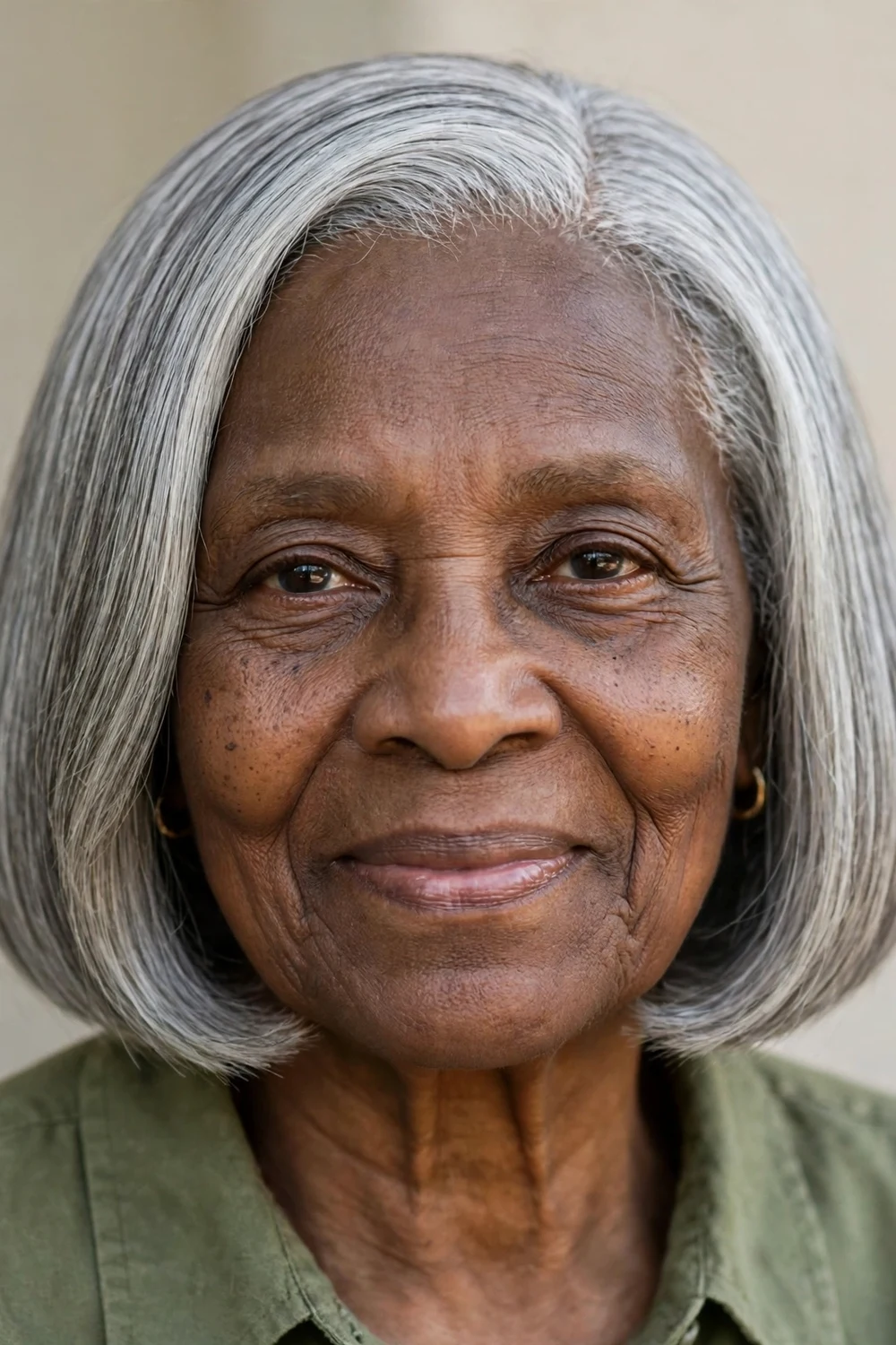 Black woman in her early 70s with a silver-gray one-length chin bob