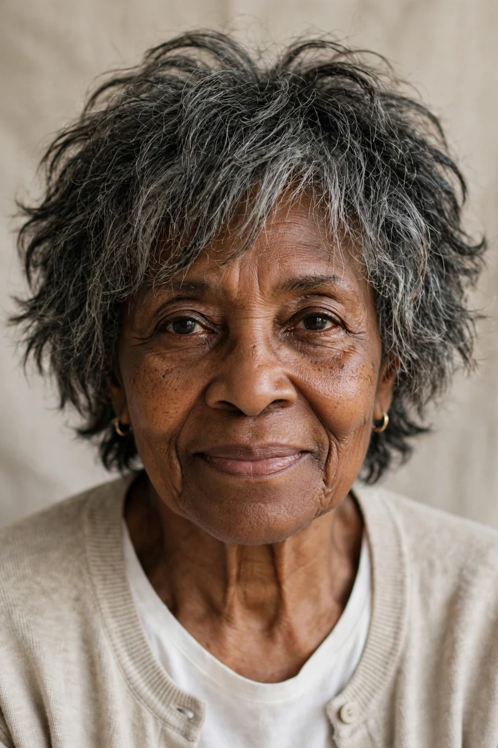 Black woman in her mid 70s with a short air-dried shaggy layered cut