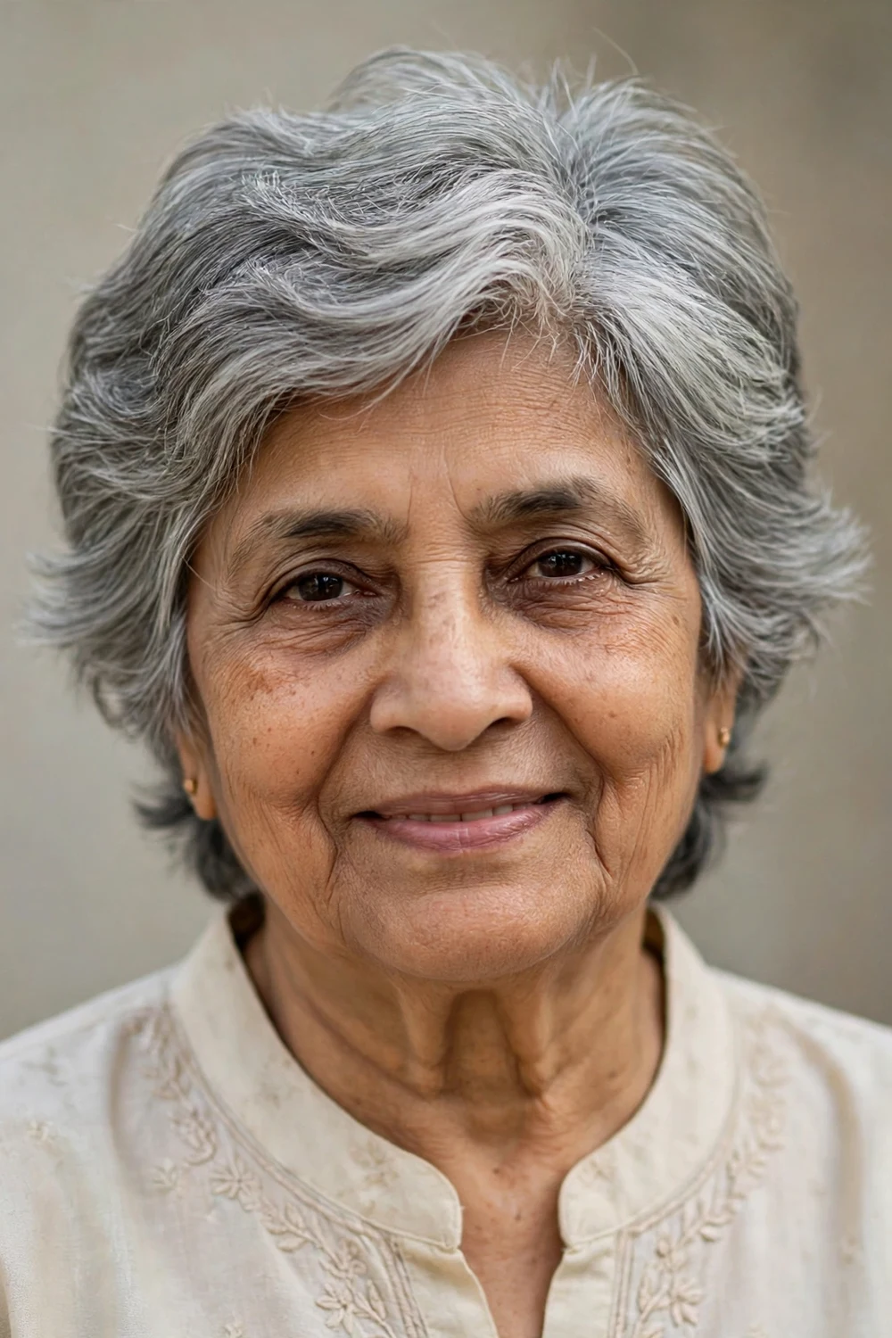 South Asian woman in her early 70s with feathered short gray layers