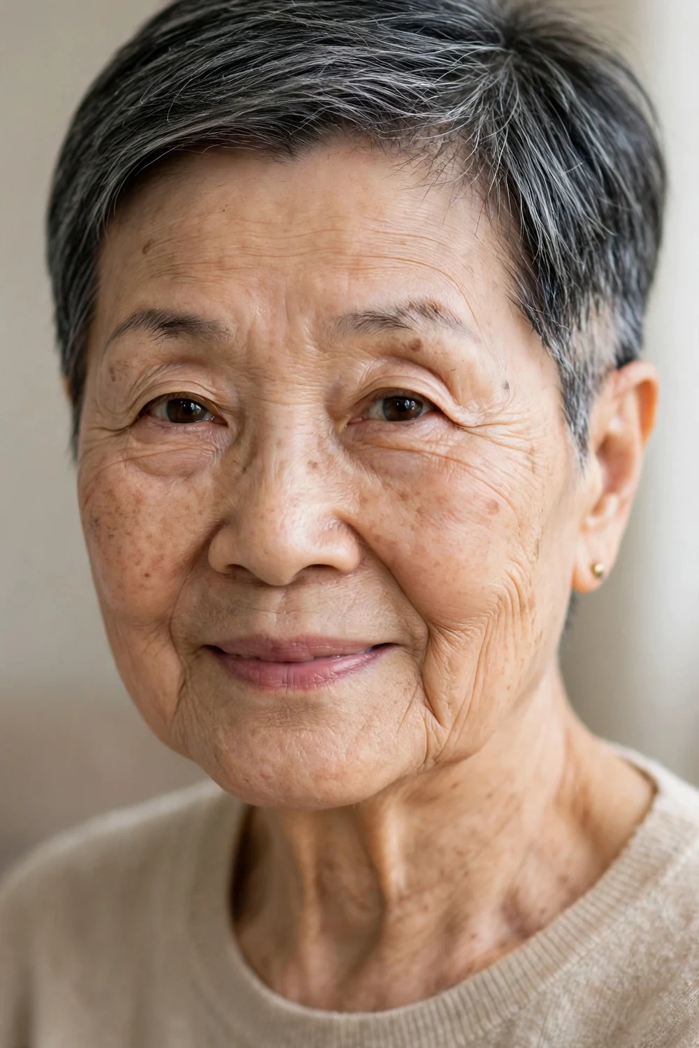 East Asian woman in her mid 70s with a gentle tapered short crop