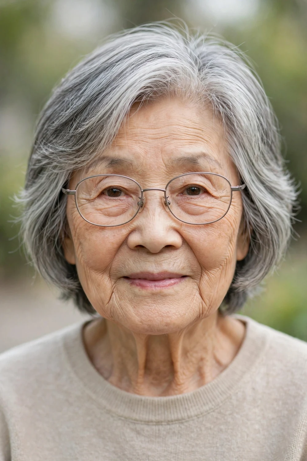 East Asian woman in her early 80s wearing eyeglasses with a short face-framing cut