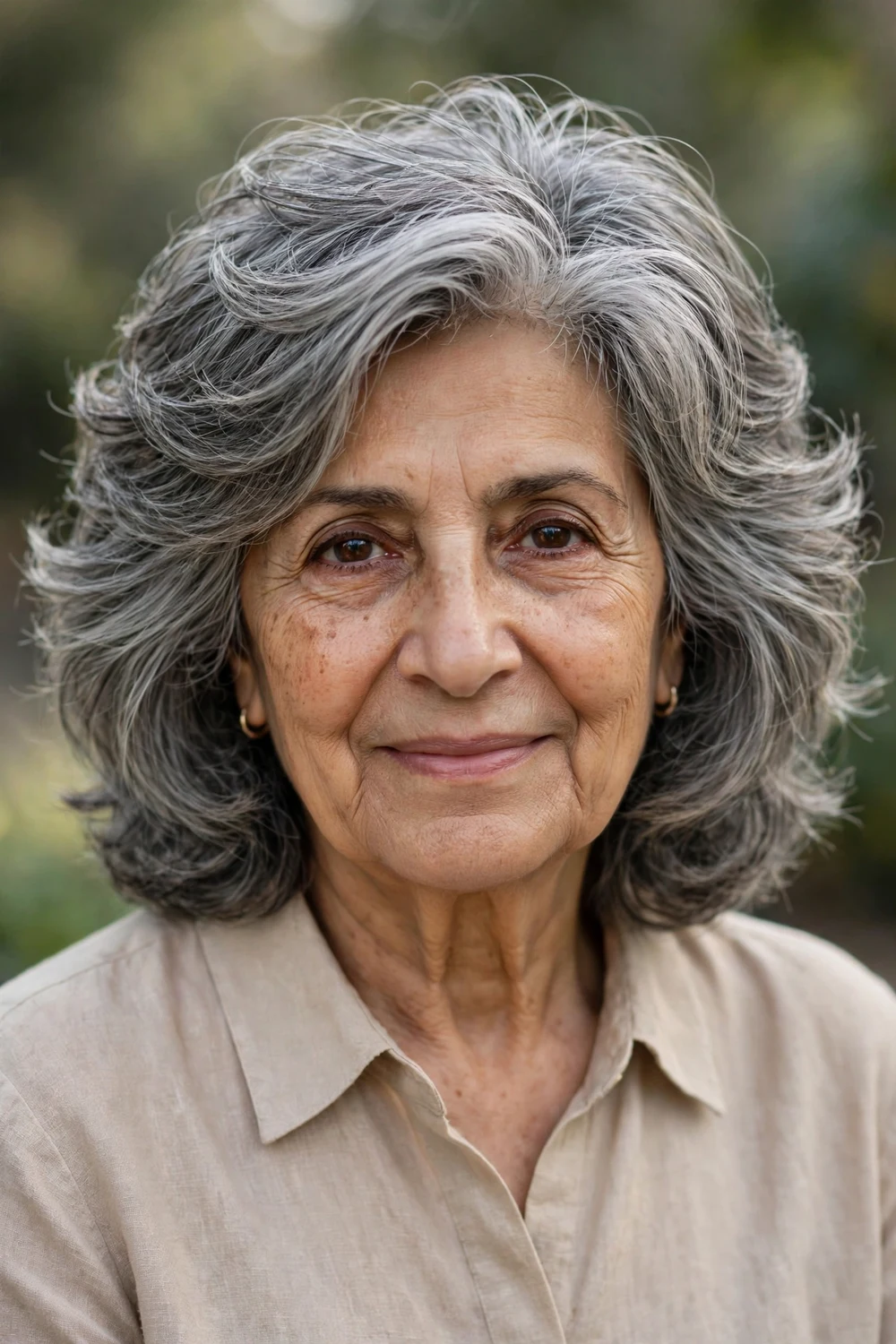 Middle Eastern woman in her early 70s with a layered long bob in thick gray hair