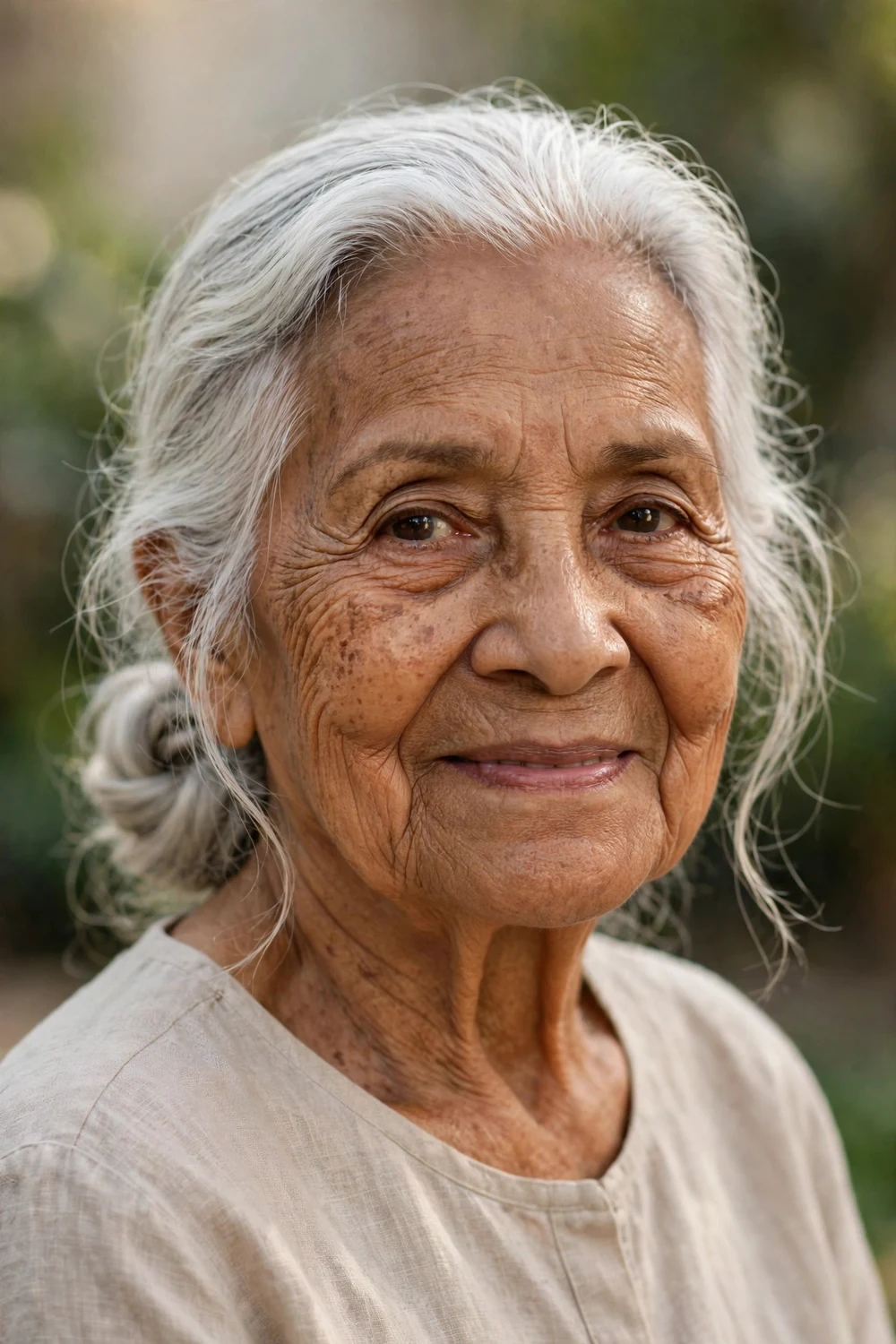 Latina woman in her early 80s with a loose comfortable low bun in white hair