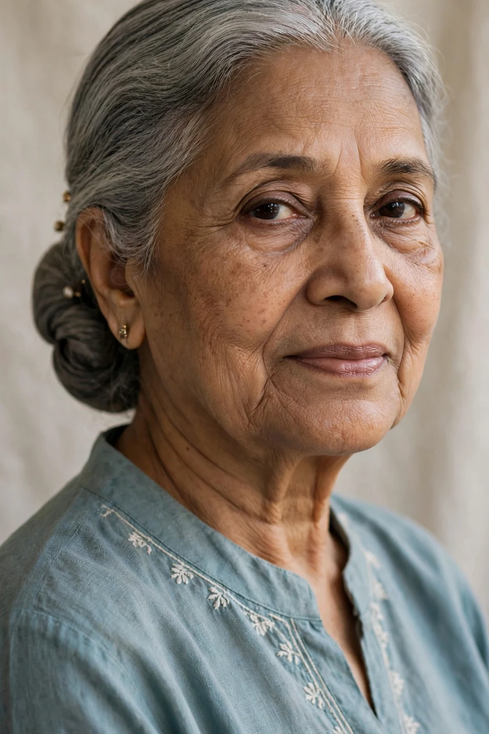 South Asian woman in her late 70s with a low pinned chignon bun