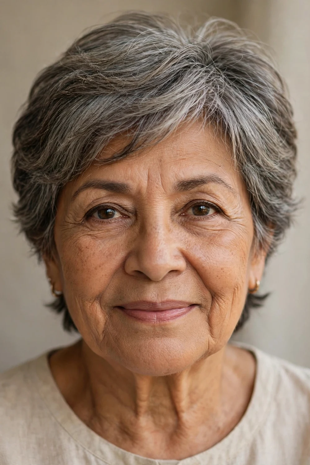 Latina woman in her early 70s with a relaxed soft pixie-bob haircut