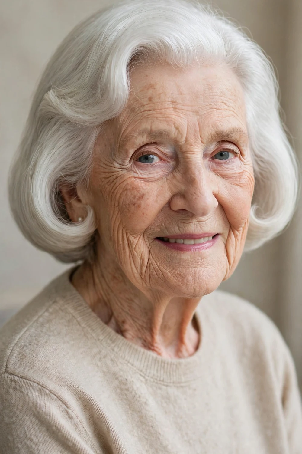 Woman in her early 80s with a rounded white pageboy bob