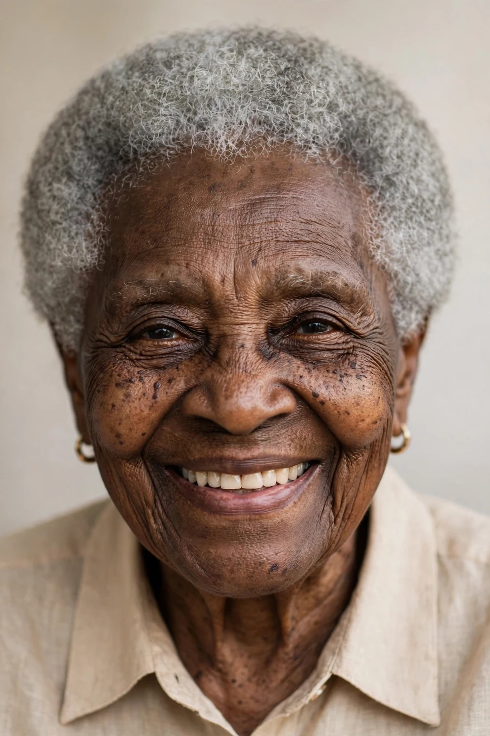 Black woman in her early 80s with a short crop of natural gray curls