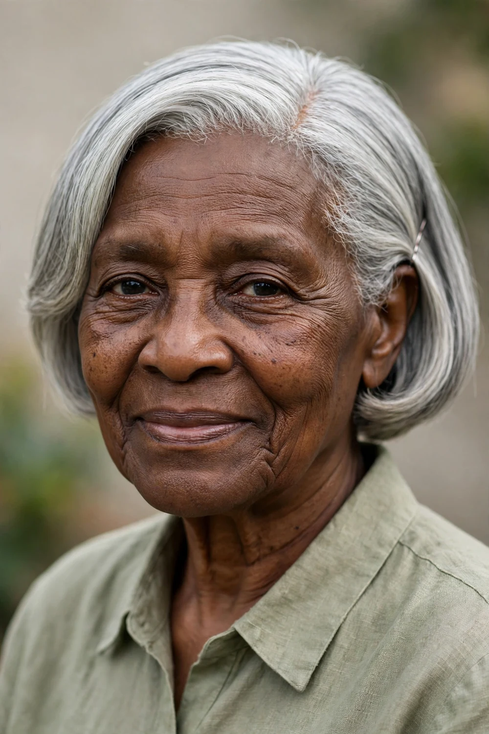 Black woman in her late 70s with a short silver bob side-parted and tucked behind one ear