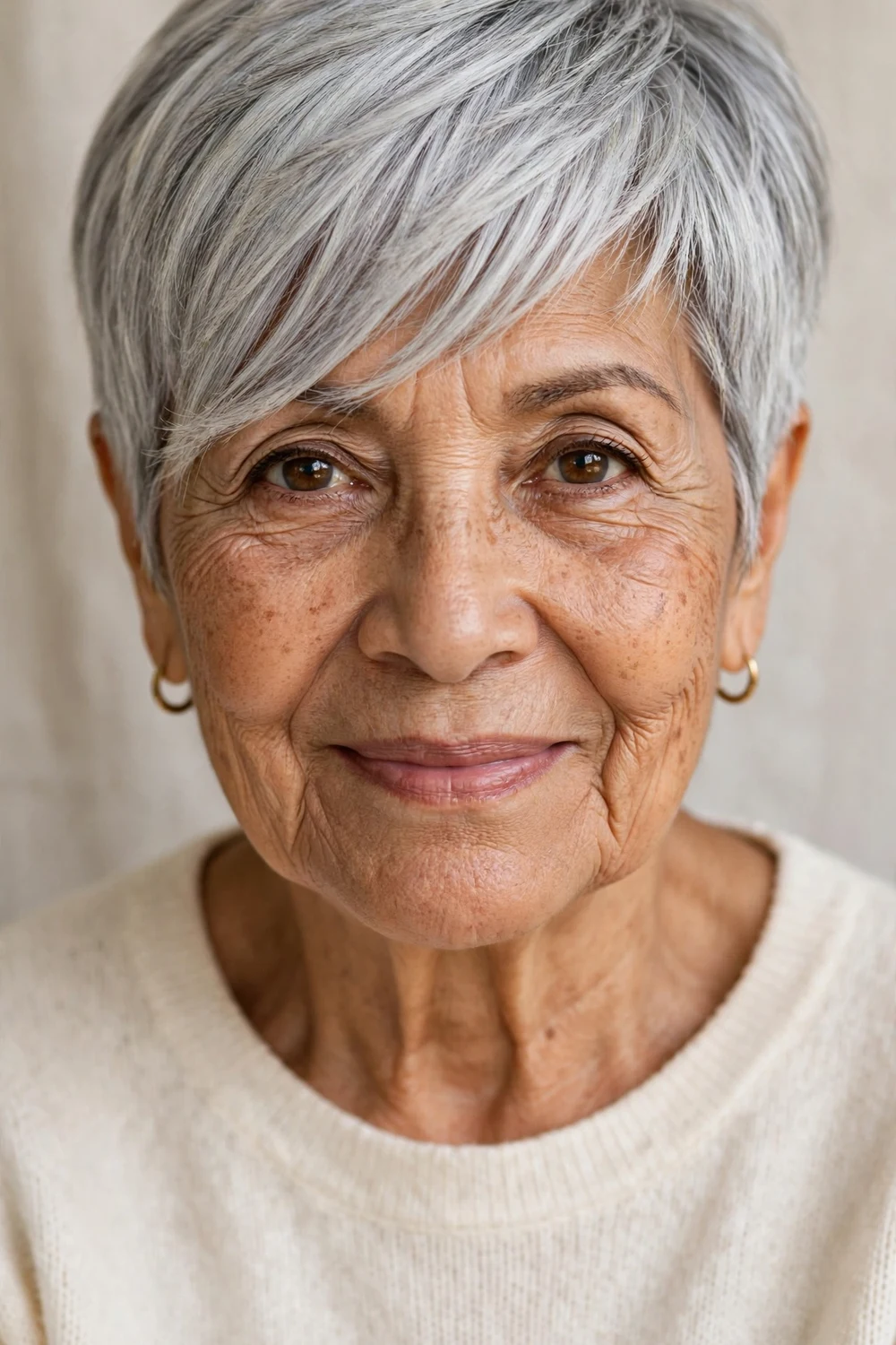 Latina woman in her late 70s with a silver pixie and side-swept bangs