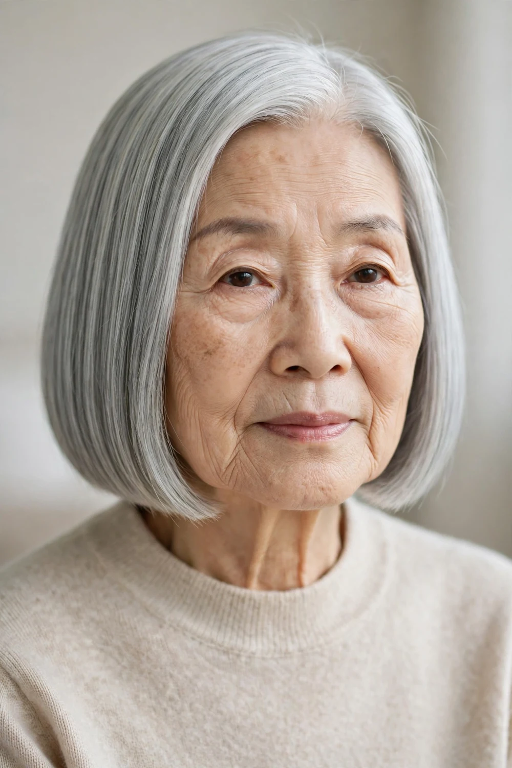 East Asian woman in her late 70s with a sleek straight silver bob