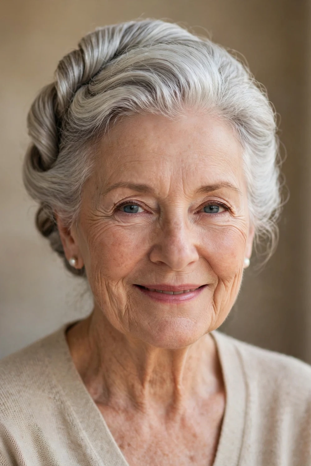 Woman in her early 70s with a soft French twist updo in silver hair