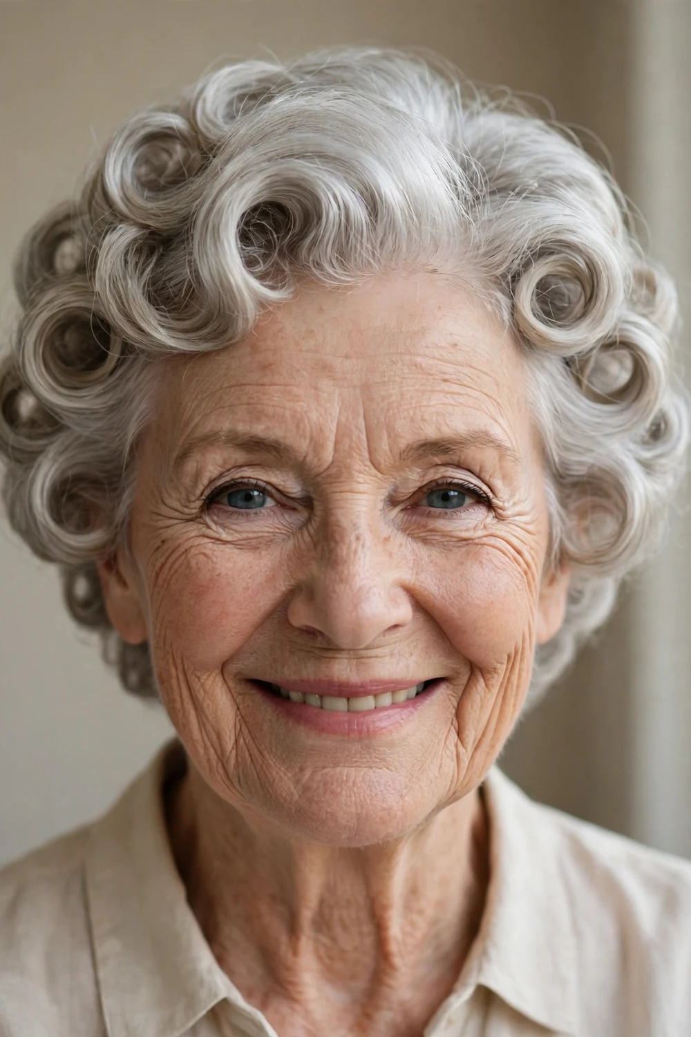 Woman in her mid 70s with soft roller-set curls in short silver hair