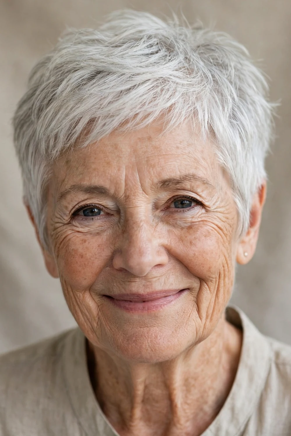 Woman in her late 70s with a silver-white soft wash-and-wear pixie cut