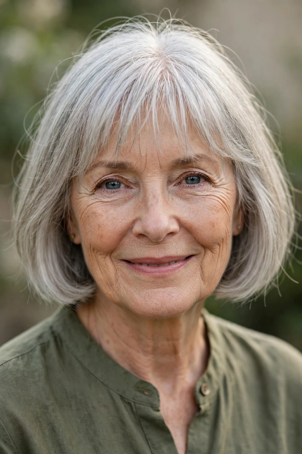 Woman in her mid 70s with a chin-length silver bob and light wispy bangs