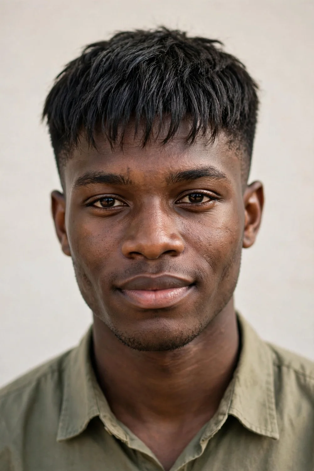 Man in his 40s with a caesar haircut and short textured fringe brushed forward over the forehead
