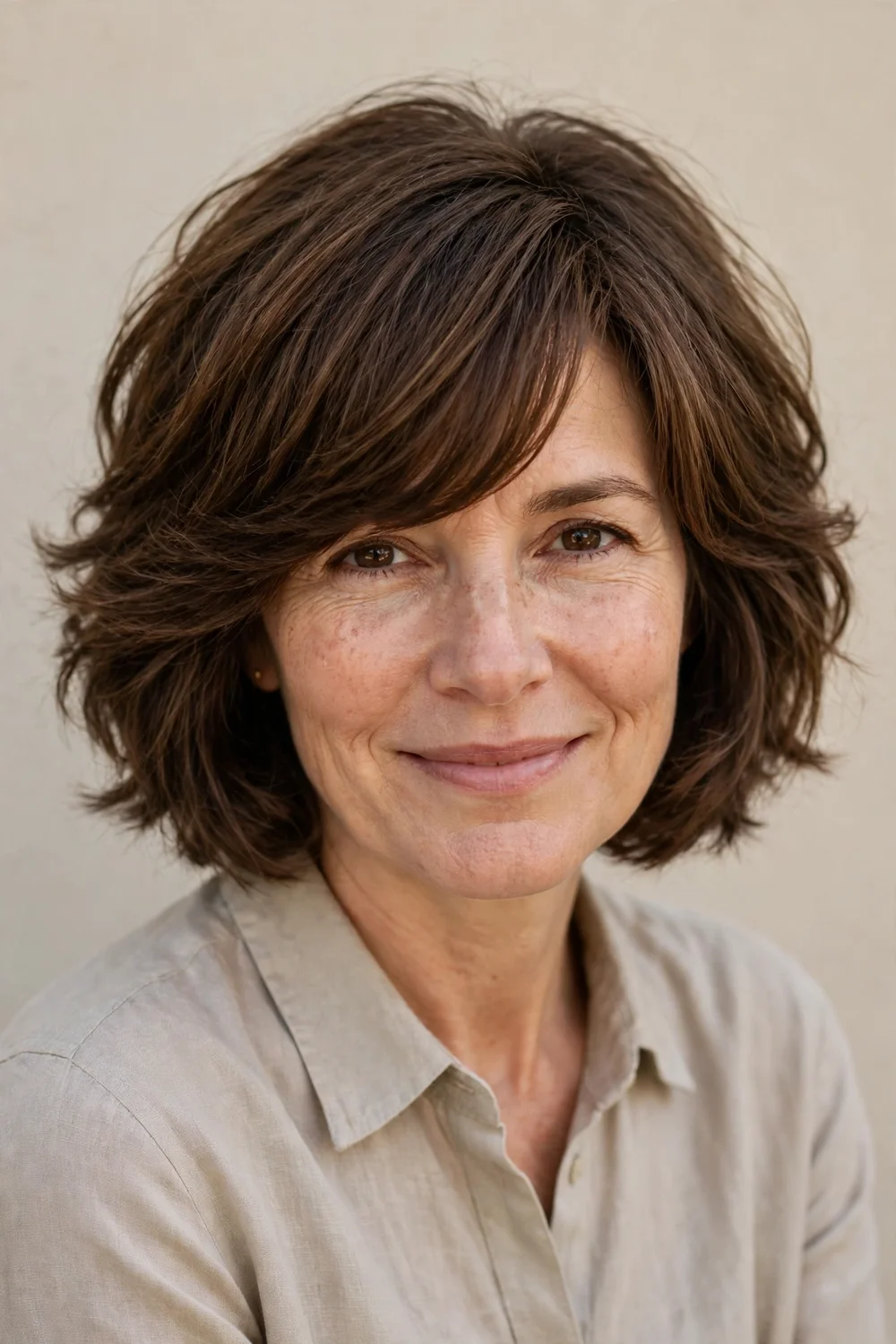 Woman in her 50s with short layered pixie cut and longer textured fringe swept forward over the hairline