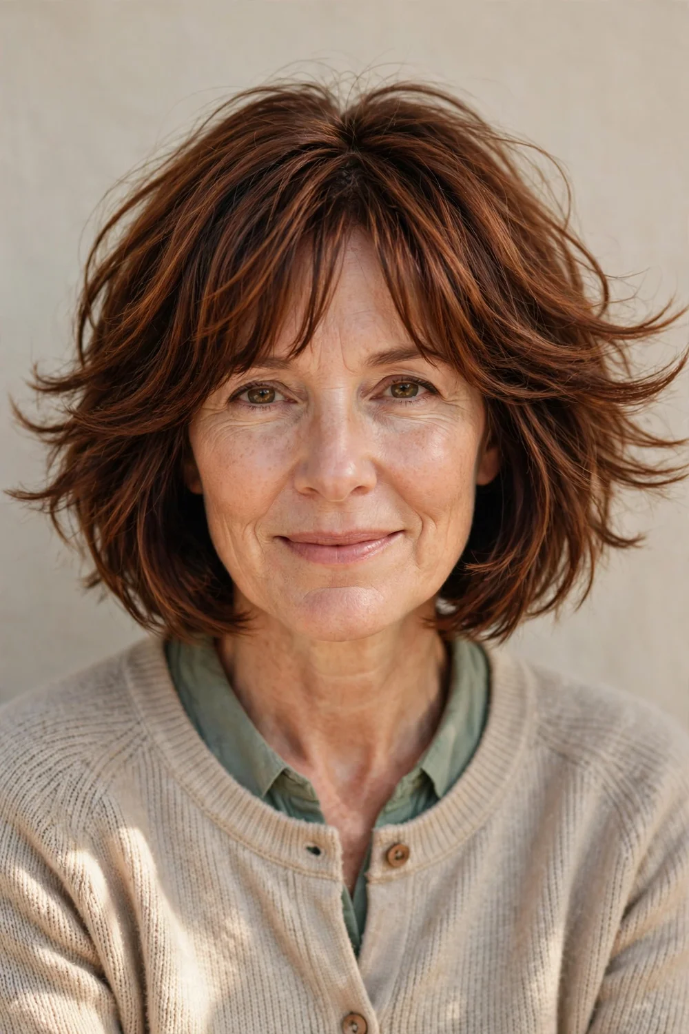 Woman in her 40s with chin-length textured bob and long side-swept bangs covering her hairline