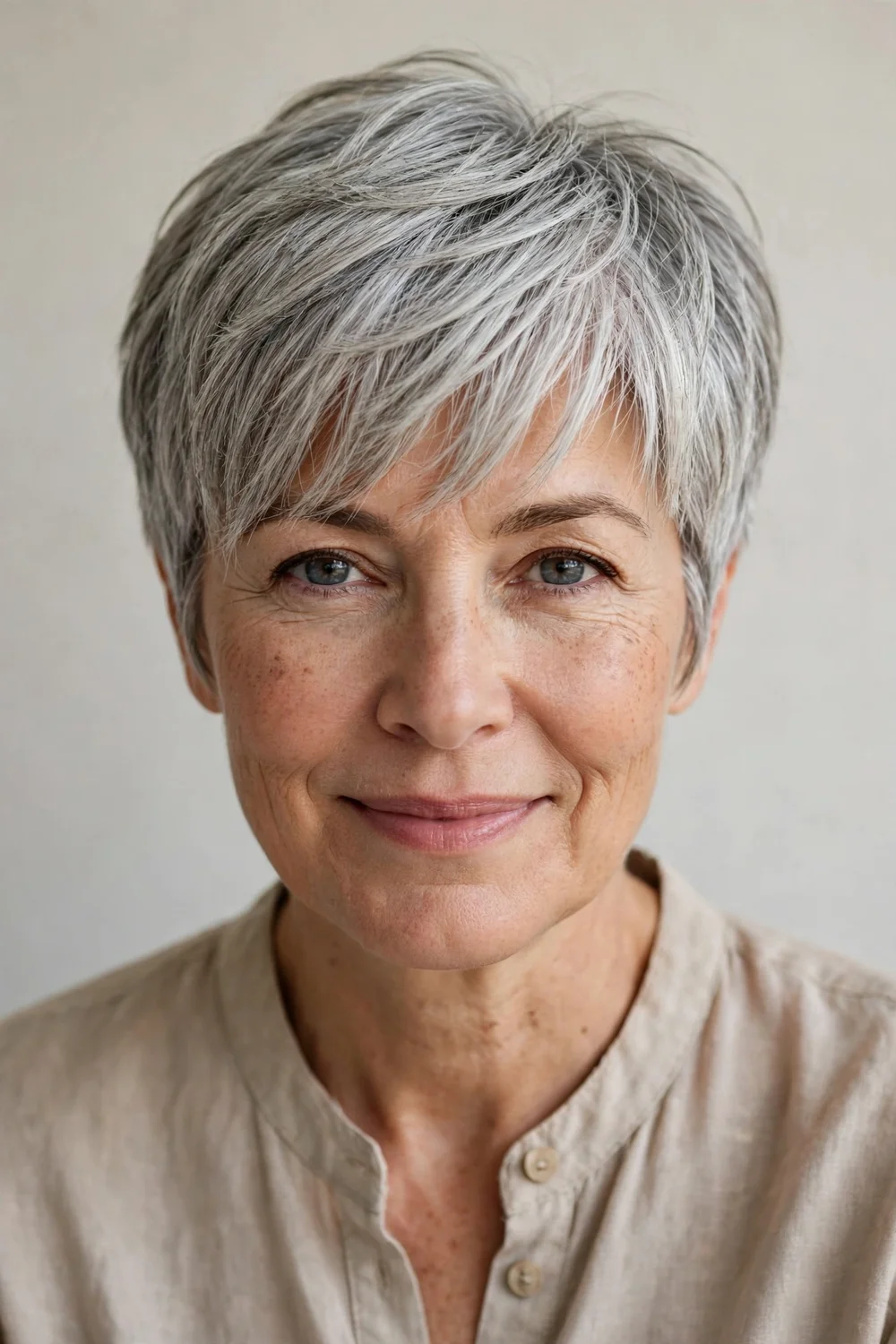 Middle-aged woman with layered textured bob and soft curtain bangs framing her face