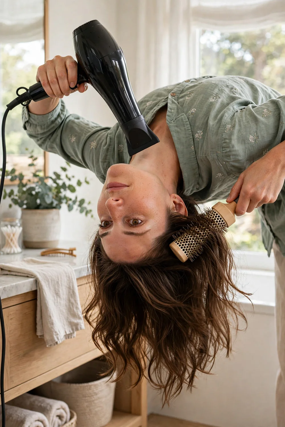 Woman in her 30s with shoulder-length textured lob and tousled waves with volume at the crown