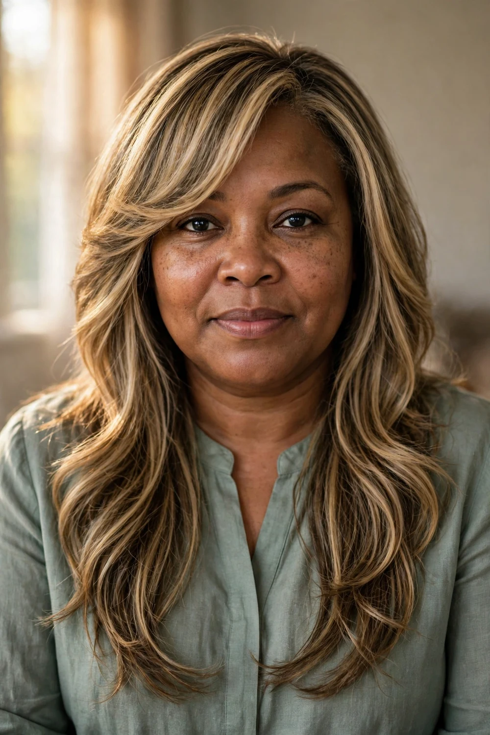 Round face woman with long layers and side-swept bangs