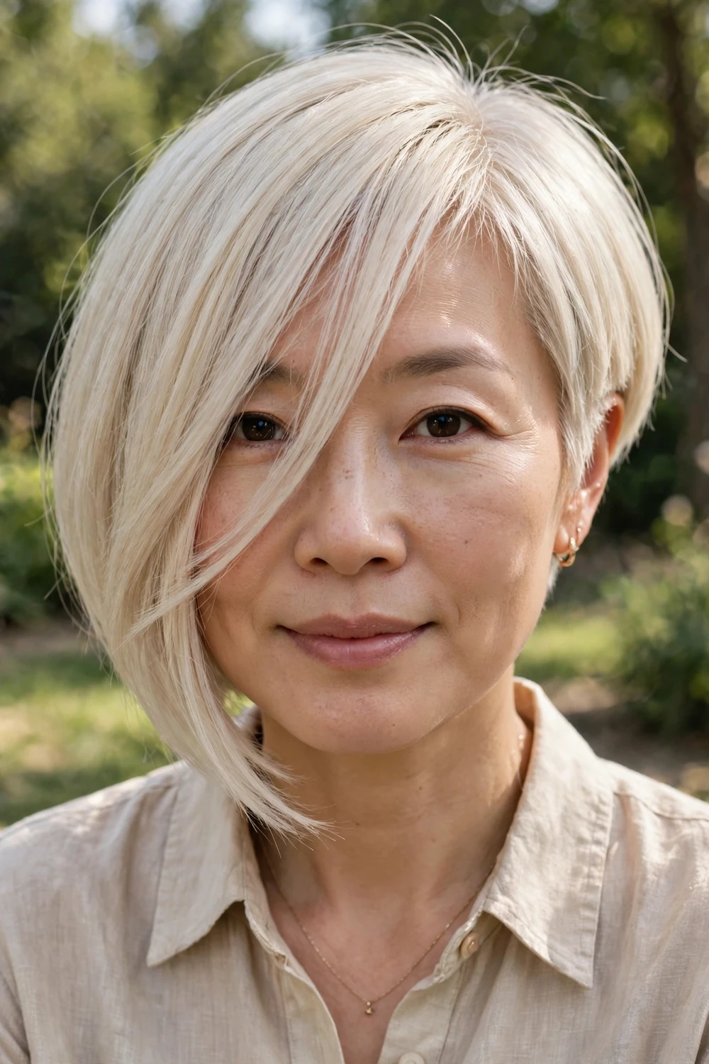 East Asian woman in her 40s with an asymmetrical bob and long side bangs sweeping past the cheek, platinum blonde hair