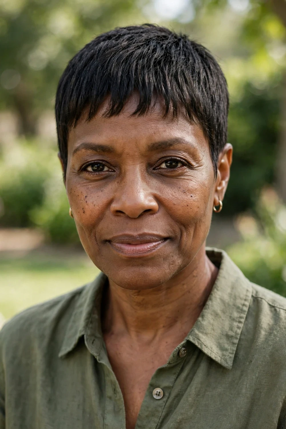 Black woman in her 50s with a buzzed pixie cut and soft short bangs across the forehead, natural black hair