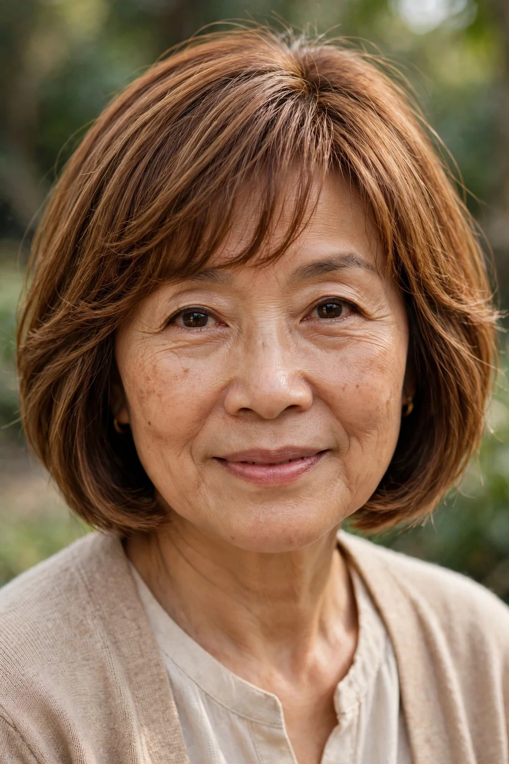 East Asian woman in her 60s with a chin-length bob and feathered bangs with soft layered ends, caramel brown hair
