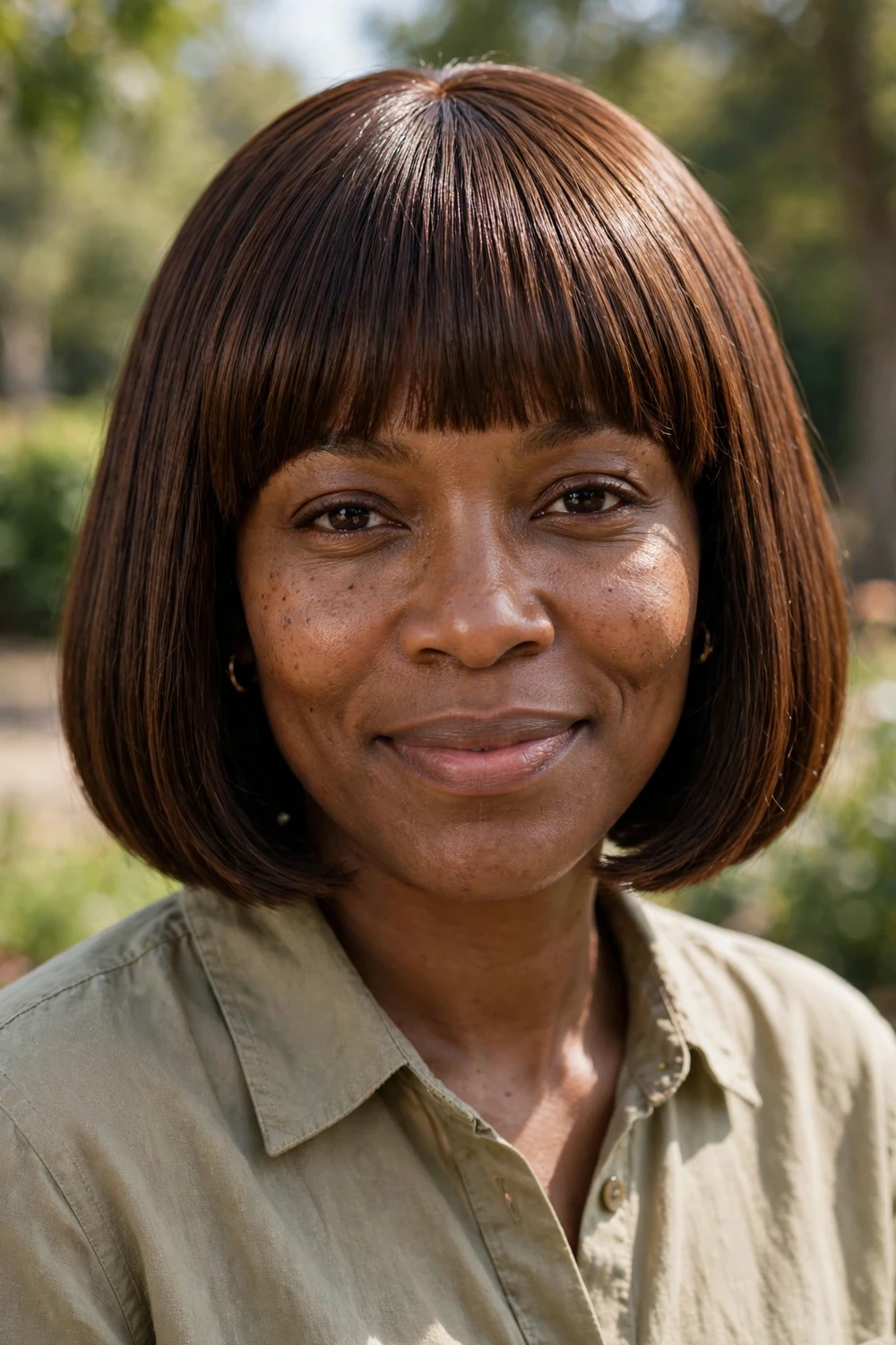 Black woman in her 30s with a classic chin-length bob and blunt straight-across bangs, warm brunette hair