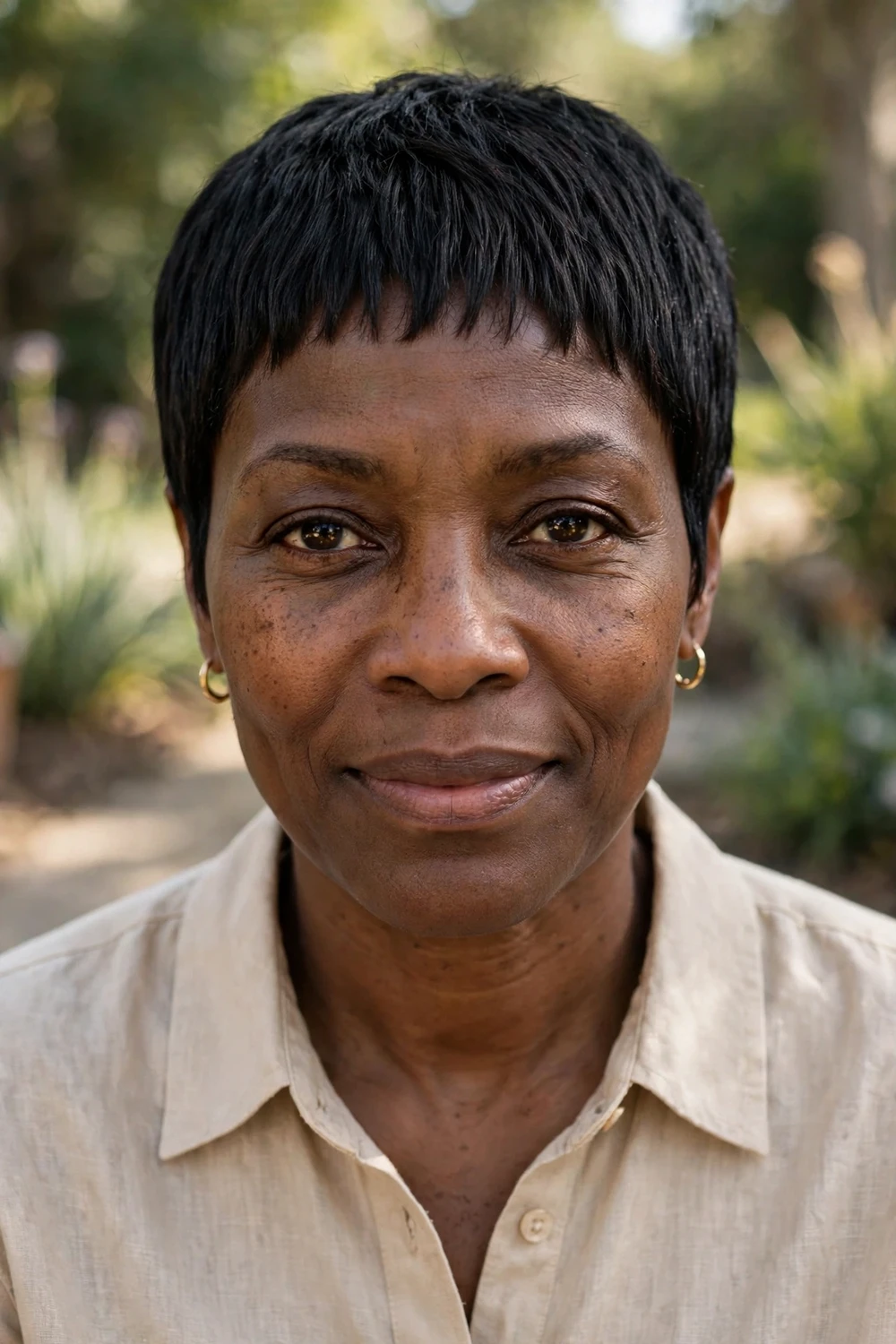 Black woman in her 40s with a cropped pixie cut and micro bangs above the eyebrows, jet black hair