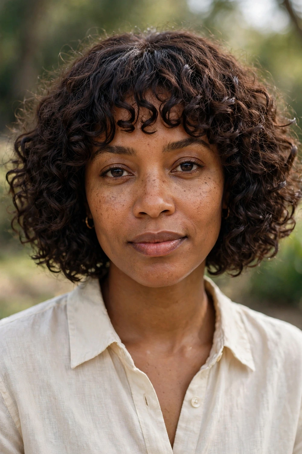Black woman in her 30s with a curly chin-length bob and a curly fringe, dark brown defined curls