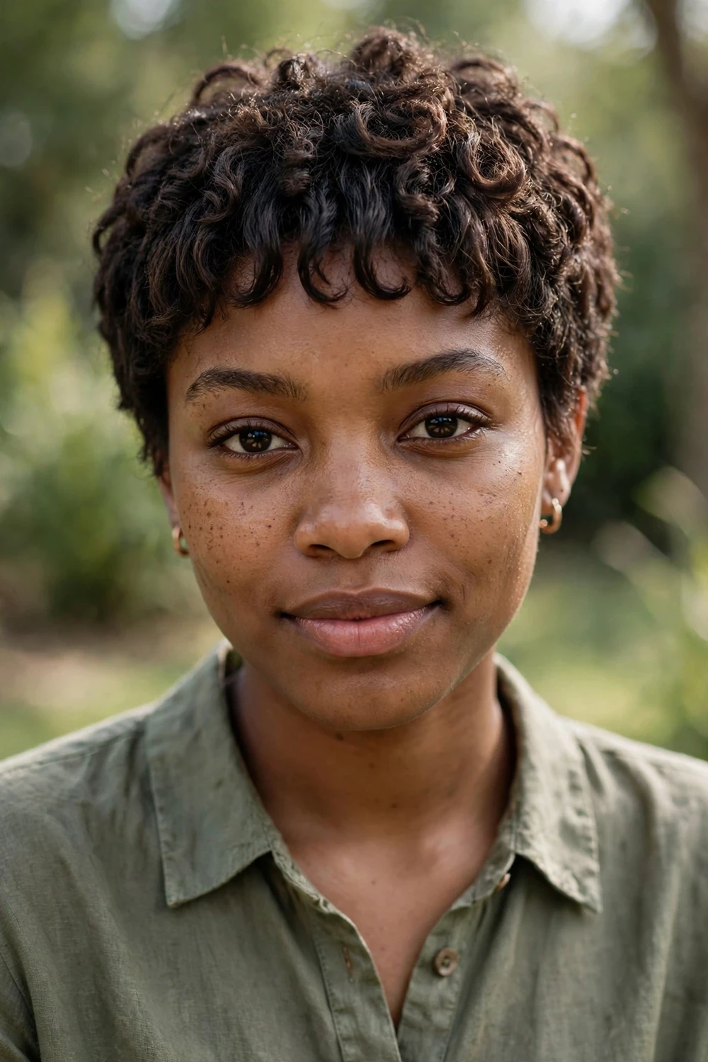 Black woman in her 20s with a curly pixie cut and short curly bangs, natural dark brown coils