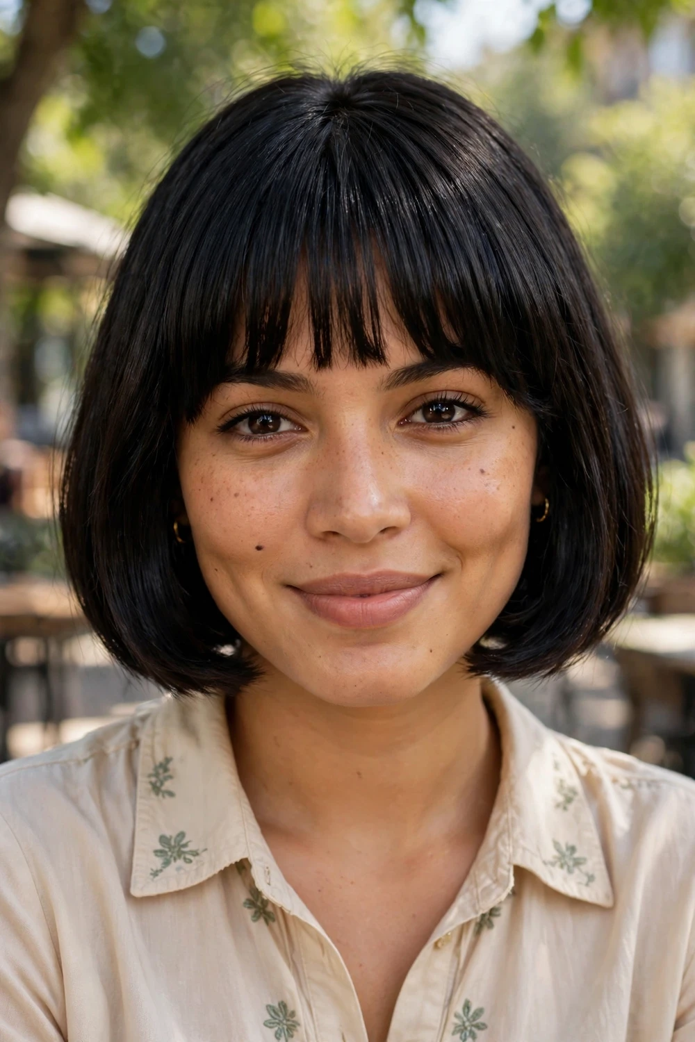 Latina woman in her 20s with a jaw-length French bob and full thick bangs, natural black hair