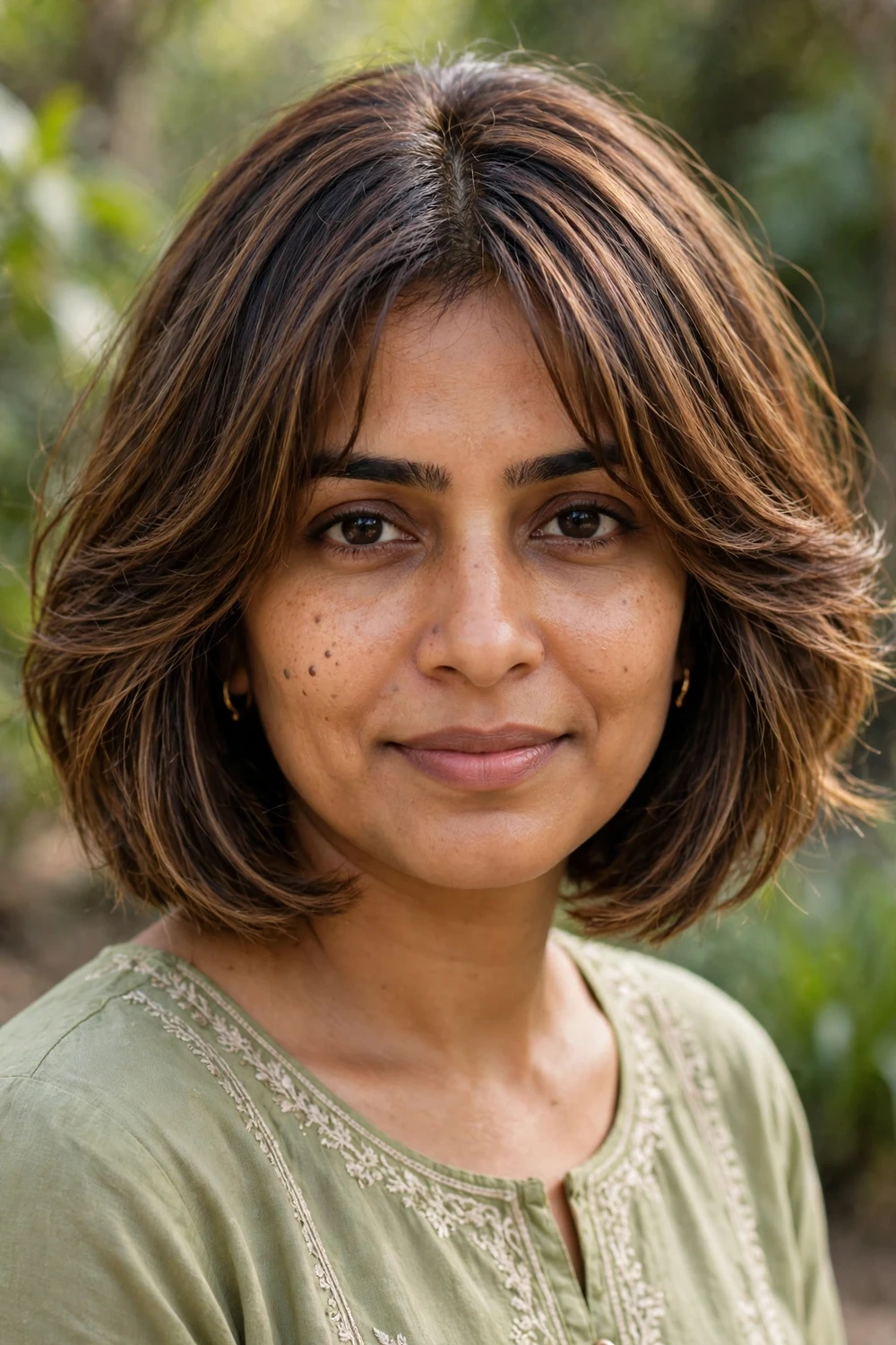 South Asian woman in her 30s with a layered bob and curtain bangs parted in the middle, balayage brown hair