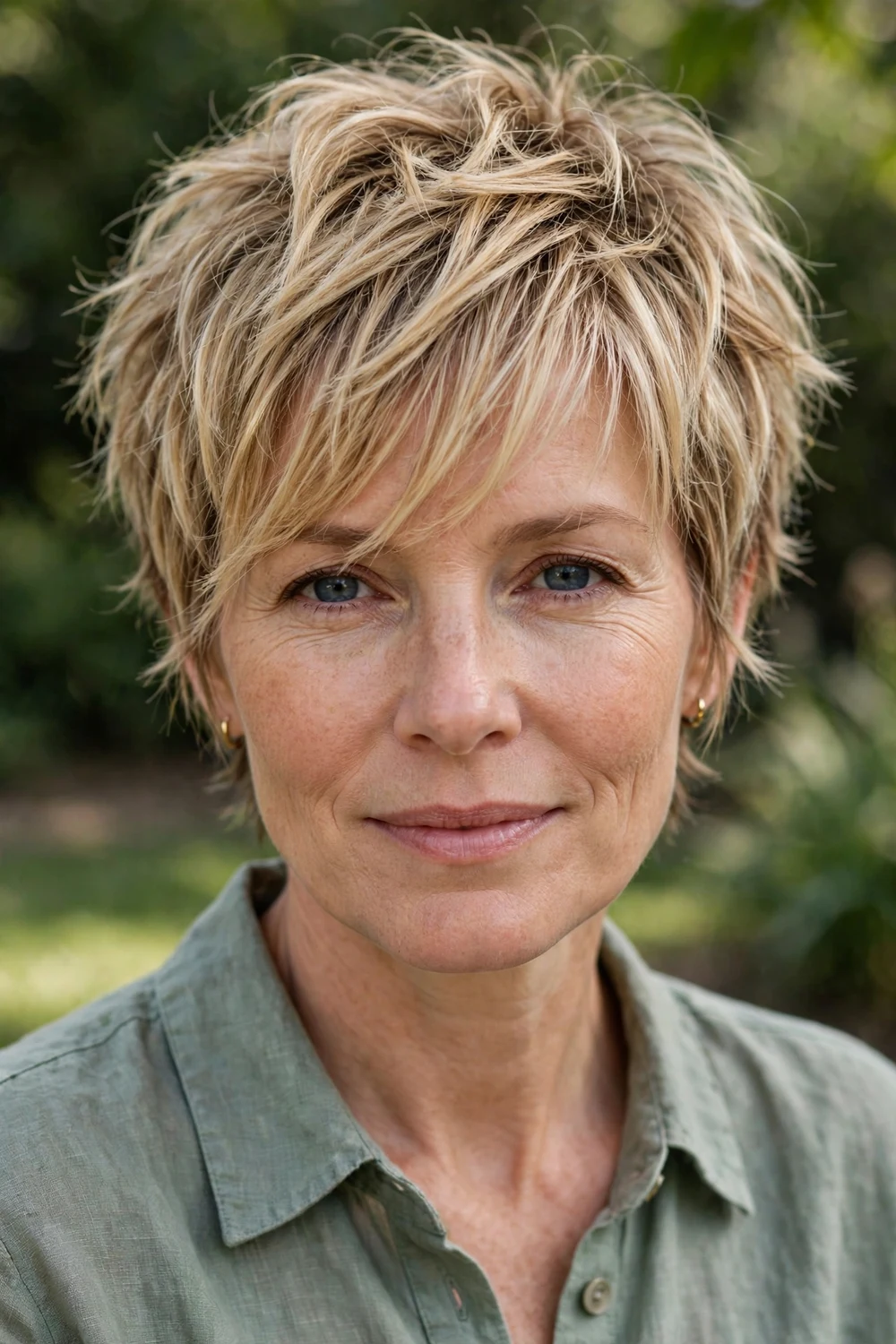 White woman in her 40s with a messy pixie cut and wispy side bangs, dirty blonde hair