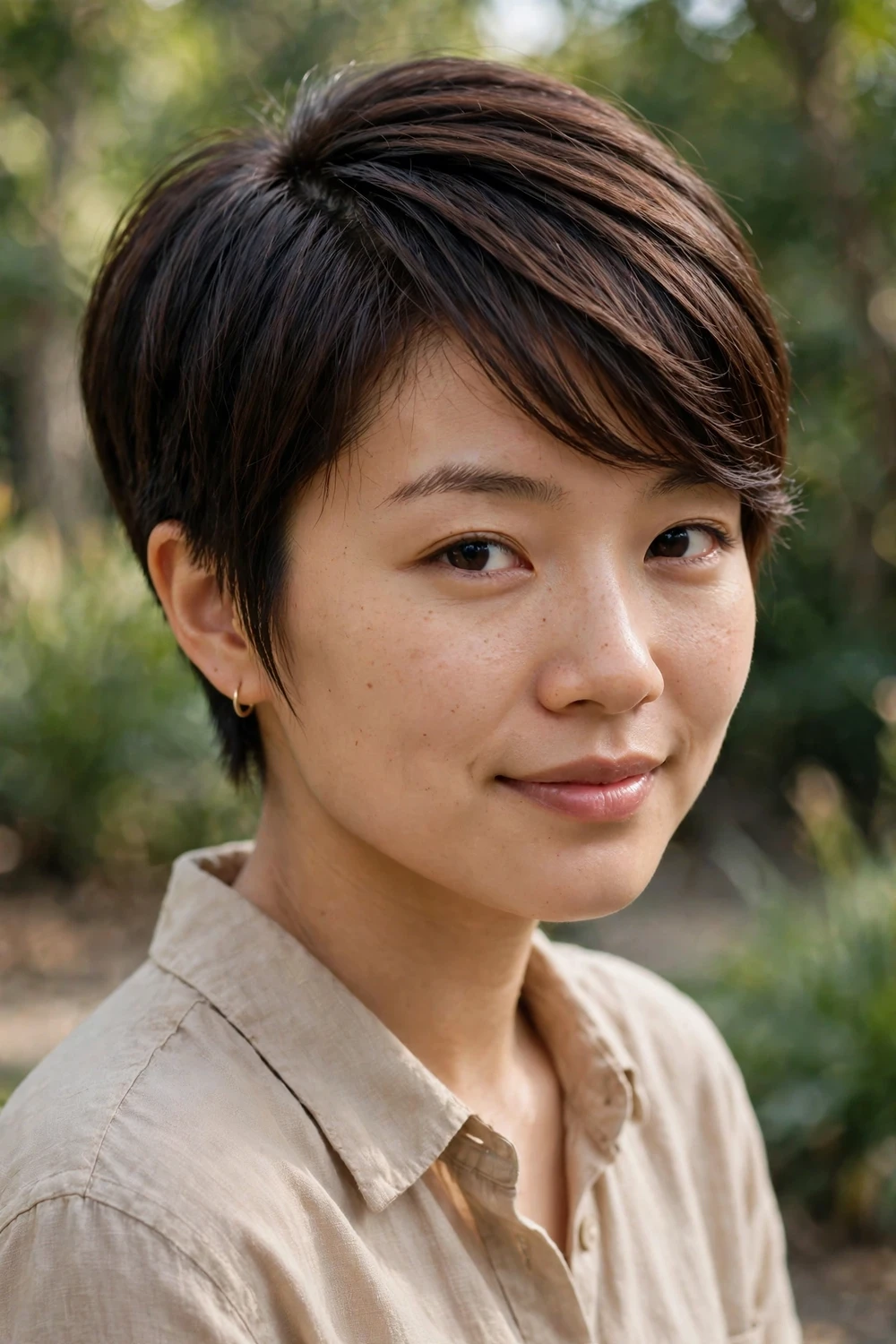 East Asian woman in her 20s with a short pixie cut and long side-swept bangs, dark brown hair