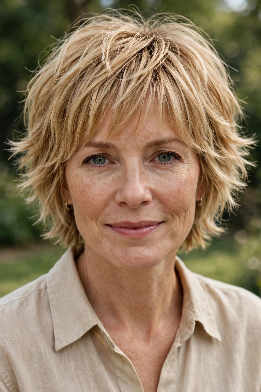 White woman in her 40s with a short shag haircut and wispy piecey bangs, honey blonde hair