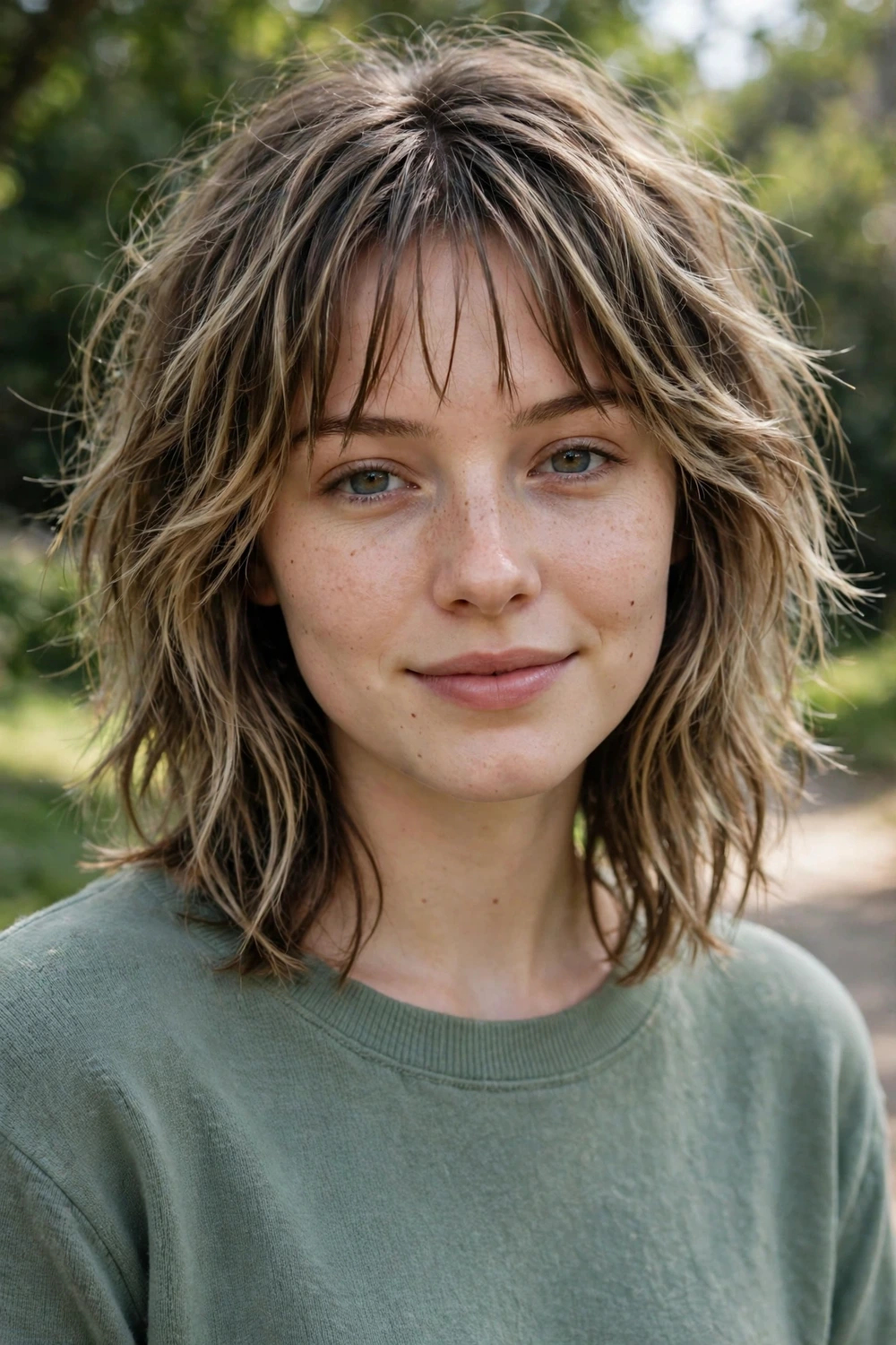 White woman in her 20s with a shaggy collarbone-length lob and see-through wispy bangs, dark blonde hair