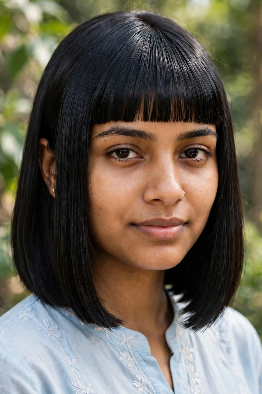 South Asian woman in her 20s with a sleek straight bob and a blunt micro fringe above the brows, jet black hair