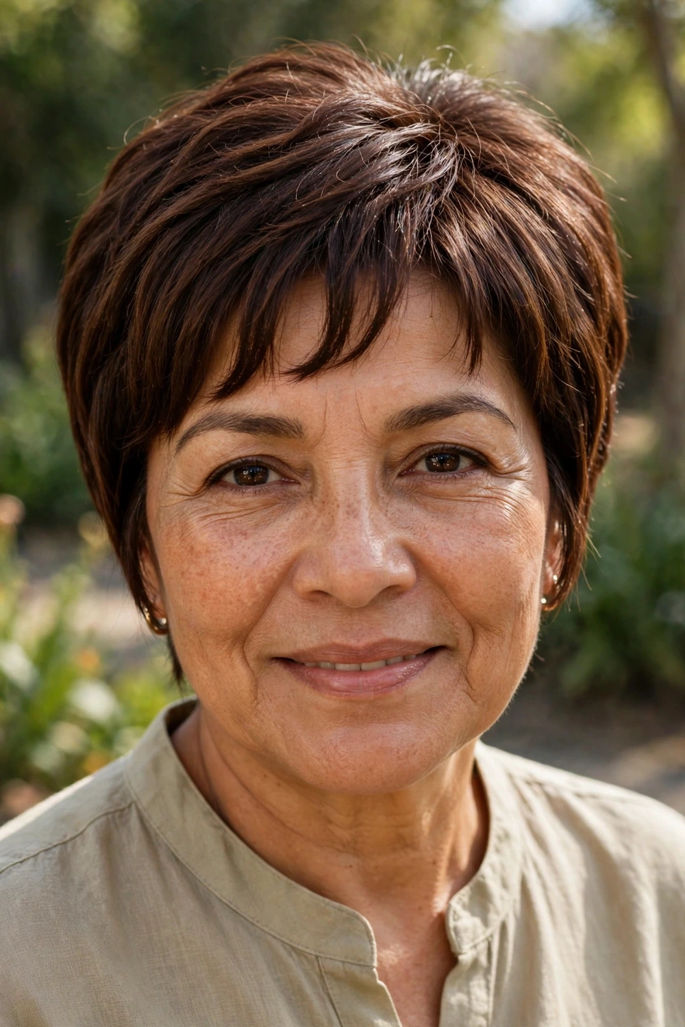 Latina woman in her 50s with a tapered pixie cut and arched bangs that are longer at the temples, chocolate brown hair