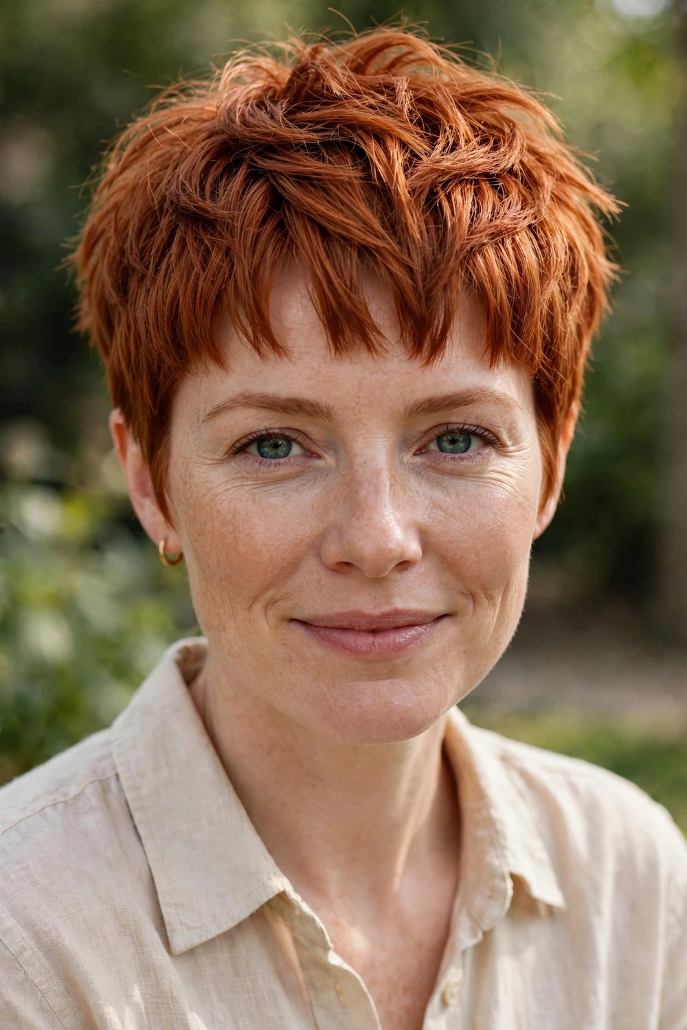 White woman in her 30s with a textured pixie cut and piecey separated bangs, copper red hair