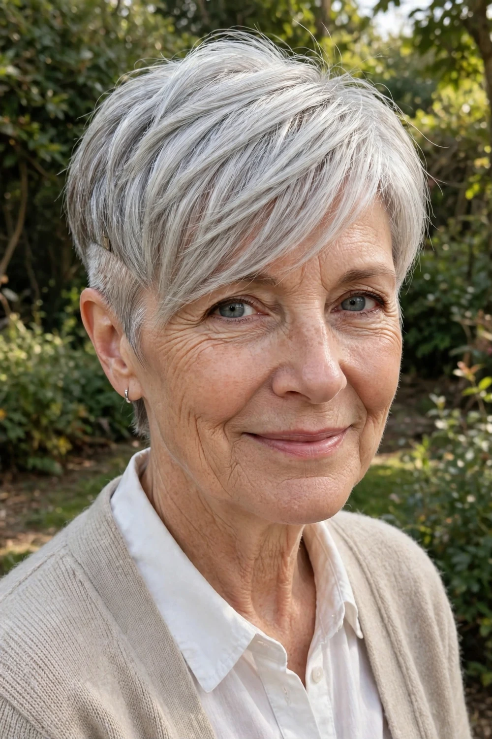 White woman in her 60s with an undercut pixie and long bangs swept across the forehead, silver gray hair